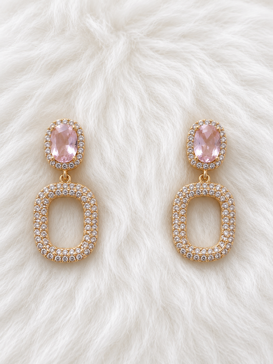 Rose Crystal Pavé Drop Earrings on white fur background