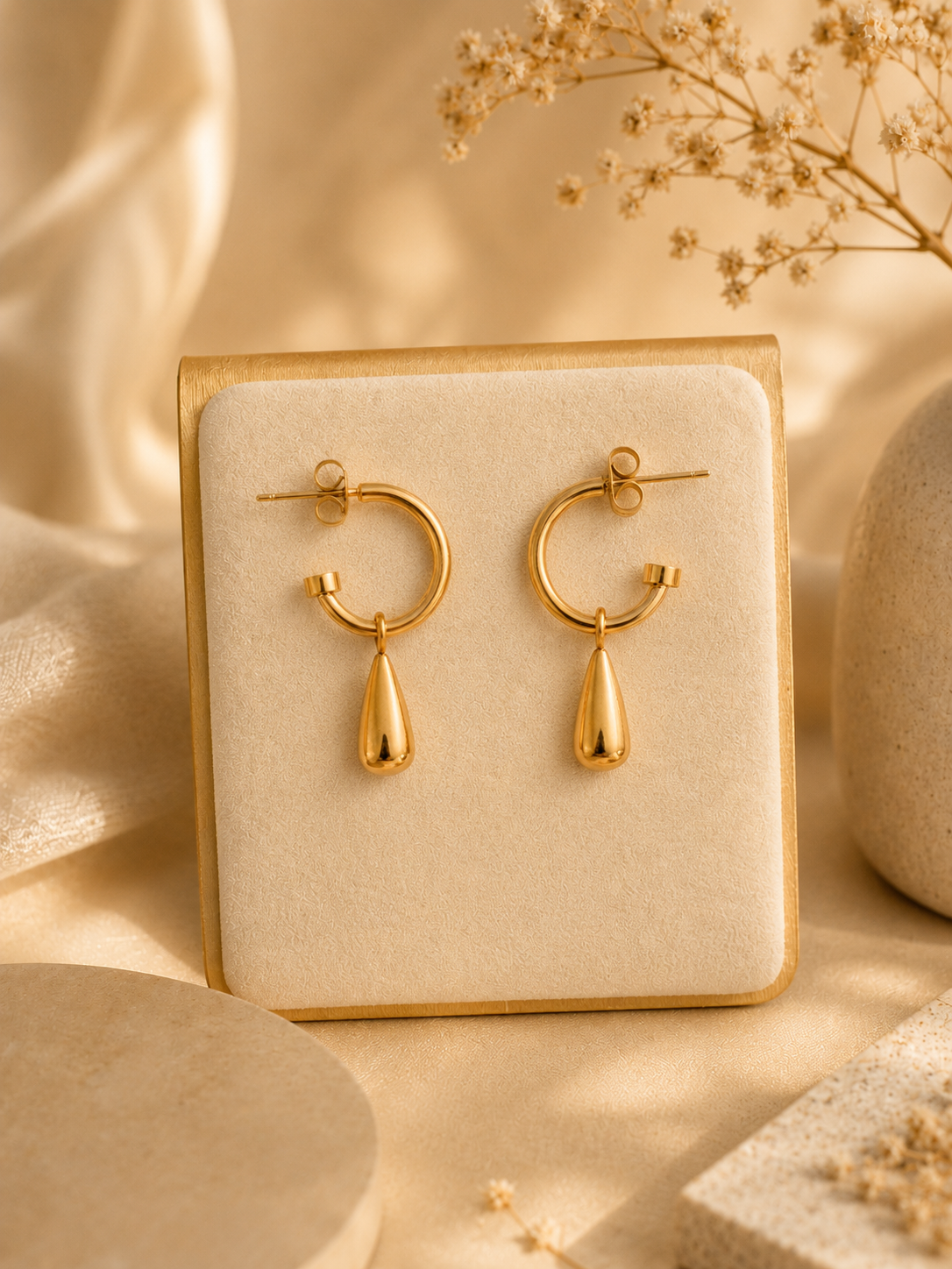 Gold teardrop hoop earrings on display